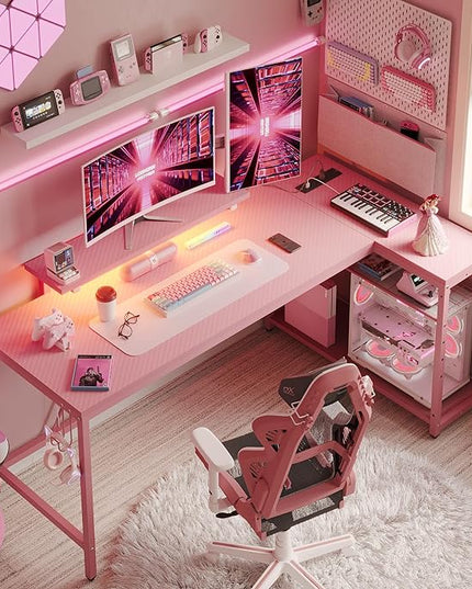 Bestier L Shaped Gaming Desk with Power Outlets,58 LED Small Corner Desk with Reversible Storage Shelves,Pink Computer Desk with Headset Hooks Desk for Living Room and Dormitory - LeafyLoom
