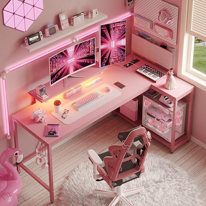 Bestier L Shaped Gaming Desk with Power Outlets,58 LED Small Corner Desk with Reversible Storage Shelves,Pink Computer Desk with Headset Hooks Desk for Living Room and Dormitory - LeafyLoom