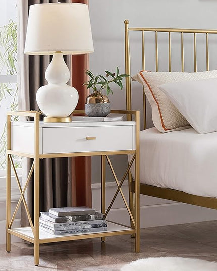 Leick Home 9069-WT Claudette Nightstand Side Table One Drawer Contemporary Fast Station A/C USB Charging Port Integrated Durable Solid Wood Metal Living Room Bedroom Office White/Gold, 24" x 18" x 30" - LeafyLoom