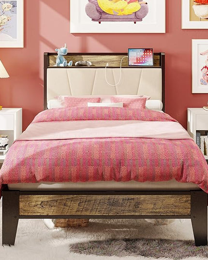 LIKIMIO Twin XL Bed Frames, Storage Headboard with Charging Station, Solid and Stable, Noise Free, No Box Spring Needed, Easy Assembly (Walnut and Beige) - LeafyLoom