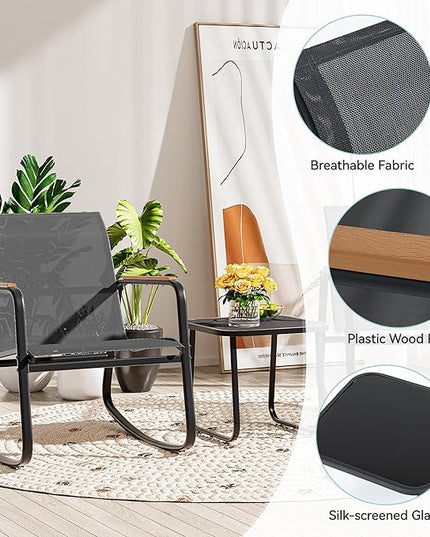YITAHOME 3 Piece Rocking Bistro Set, Outdoor Patio Furniture Set with Wooden Armrests, Porch Chairs Set with Glass Table for Lawn, Garden, Balcony, Poolside, Dark Gray - LeafyLoom