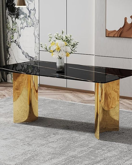 NicBex Modern Minimalist Dining Table The Black Patterned Glass Desktop is Equipped with Golden Metal Legs Suitable for Restaurants and Living Rooms, Black + Gold - LeafyLoom