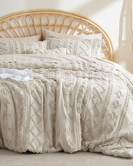 Bedsure Tufted Boho Comforter Set California King - Linen Boho Bedding Comforter Set, 3 Pieces Farmhouse Shabby Chic Embroidery Bed Set, Soft Jacquard Comforter for Women Men Girls - LeafyLoom