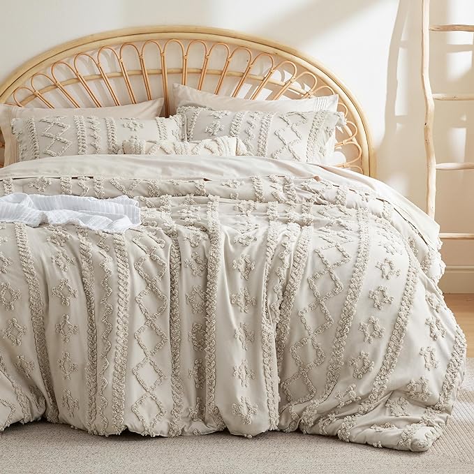 Bedsure Tufted Boho Comforter Set California King - Linen Boho Bedding Comforter Set, 3 Pieces Farmhouse Shabby Chic Embroidery Bed Set, Soft Jacquard Comforter for Women Men Girls - LeafyLoom