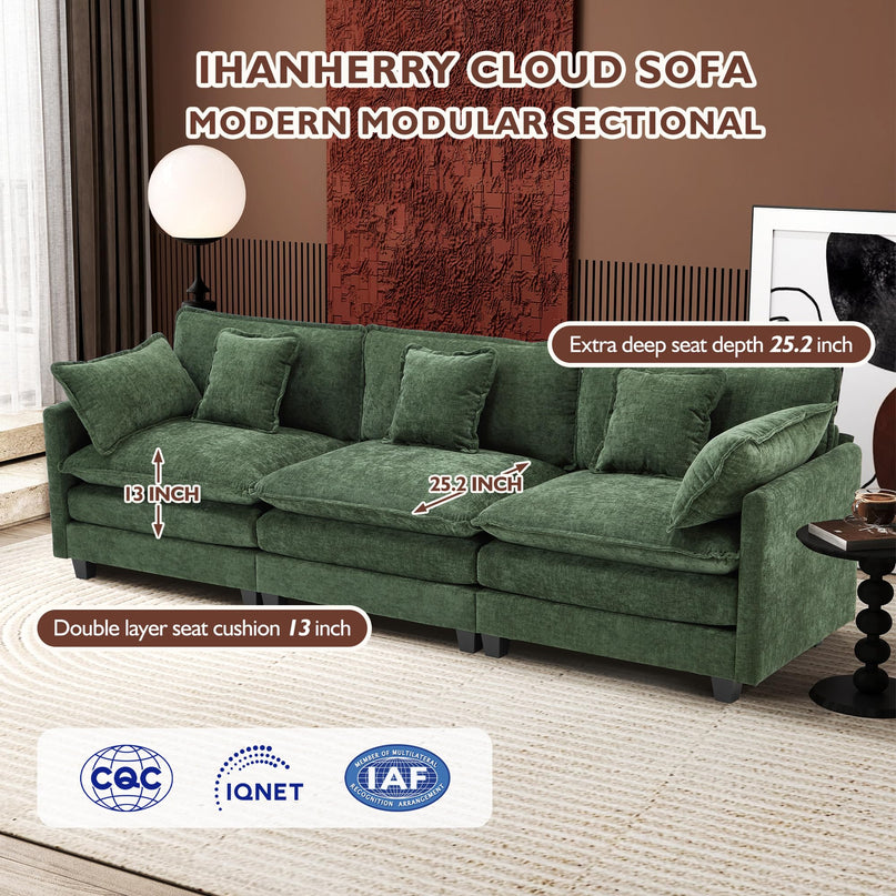 Ihanherry 111.4" L Shaped Modern Sofa Modular Sectional Cloud Couch with Ottoman, 4-Seat Chenille Deep Seat Sofa with Pillow for Living Room, Bedroom and Apartment, Beige LeafyLoom