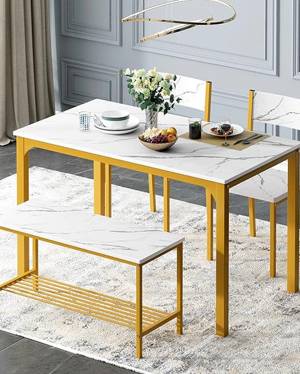 sogesfurniture 4 Piece Dining Table Set, Dining Table Set for 4, Kitchen Dinner Table with Benches for 4, includes Table, 2 Chairs & Bench, White Gold - LeafyLoom