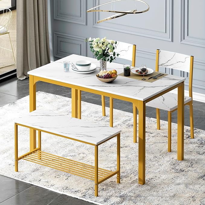 sogesfurniture 4 Piece Dining Table Set, Dining Table Set for 4, Kitchen Dinner Table with Benches for 4, includes Table, 2 Chairs & Bench, White Gold - LeafyLoom
