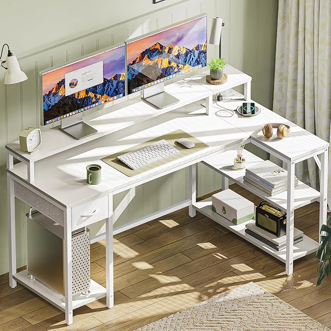 SUPERJARE 53 inch Reversible L Shaped Desk with LED Lights & Power Outlets, Computer Desk with Shelves & Monitor Stand, Gaming Desk with Drawer, Home Office Desk Corner Desk, PU White Drawer - LeafyLoom