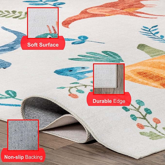 nuLOOM Eamon Dinosaur Machine Washable Kids Ultra Thin Area Rug, 4' x 6', White Multi - LeafyLoom