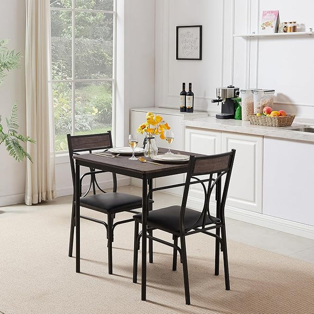 VECELO Kitchen Dining Room Table 2 Chairs for Small Space, Apartment,Metal Steel Frame, 3-Piece Set, Brown - LeafyLoom