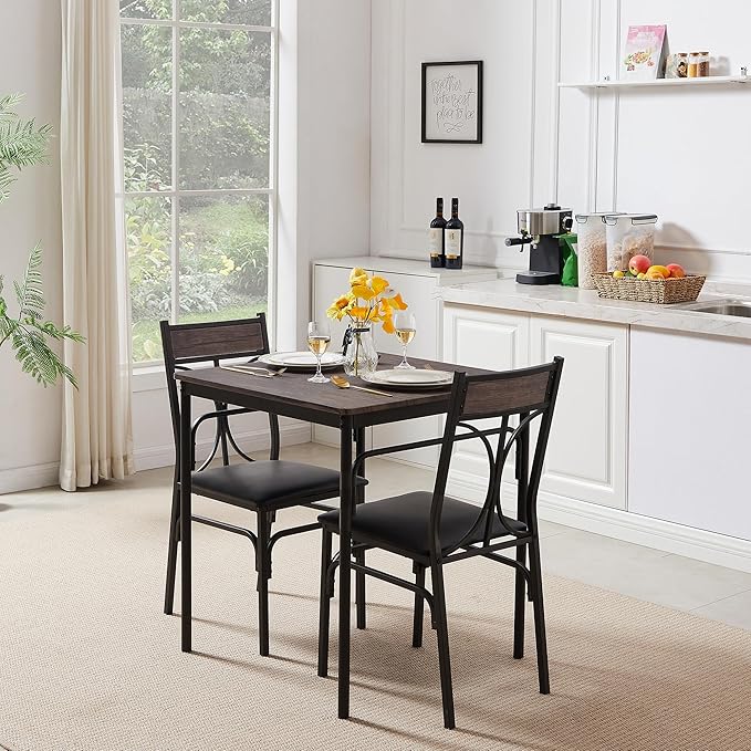 VECELO Kitchen Dining Room Table 2 Chairs for Small Space, Apartment,Metal Steel Frame, 3-Piece Set, Brown - LeafyLoom