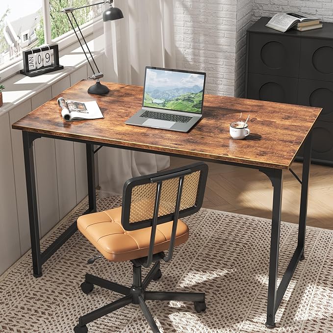 Computer Desk, 40 Inch Office Desk, Gaming Desk with Storage, Writing Desk Work Desk for Home Office, Study, Modern Simple Desk, Large Legroom, Metal Frame, Rustic Brown - LeafyLoom