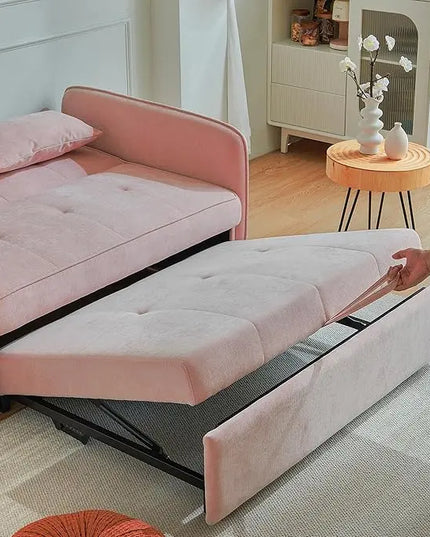 3-in-1 Multi-Functional Convertible Sofa, Chenille Sleeper Couch Pull-Out Bed, Loveseat Chaise Lounge with Adjustable Armrest and Reclining Backrest for Living Room, Small Space, Pink 53.5" - LeafyLoom