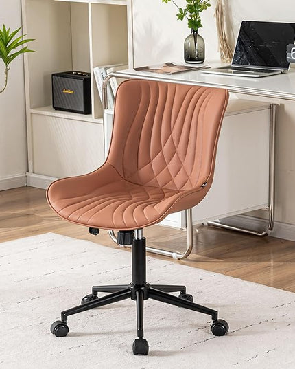 YOUNIKE Office Chair, Armless Desk Chair with Wheels, Home Office Computer Task Chairs, Modern Faux Leather Upholstered Vanity Chair, Adjustable Swivel Rocking Office Chair with Back, Pink - LeafyLoom