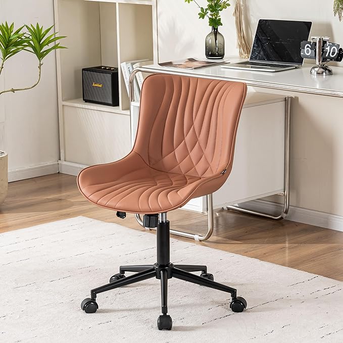 YOUNIKE Office Chair, Armless Desk Chair with Wheels, Home Office Computer Task Chairs, Modern Faux Leather Upholstered Vanity Chair, Adjustable Swivel Rocking Office Chair with Back, Pink - LeafyLoom
