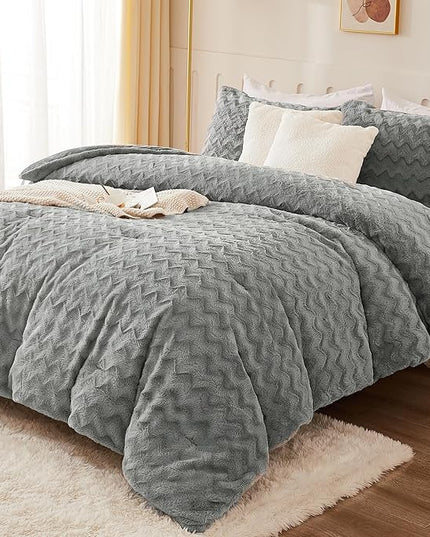 Andency Grey Fleece Comforter Set King, 3 Pieces Fuzzy Fluffy Faux Fur Bedding Comforter, Plush Shaggy Sherpa Bed Set for Winter (104x90Inch Comforter) - LeafyLoom
