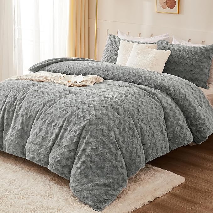 Andency Grey Fleece Comforter Set Queen Size, 3 Pieces Fuzzy Fluffy Faux Fur Bedding Comforter Set for Queen Bed, Warm Plush Shaggy Sherpa Bed Set for Women Man - LeafyLoom