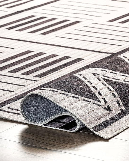 nuLOOM Evia Tribal Stripes Machine Washable Ultra Thin Area Rug, 8' x 10', Charcoal - LeafyLoom