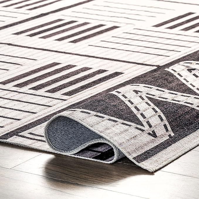 nuLOOM Evia Tribal Stripes Machine Washable Ultra Thin Area Rug, 8' x 10', Charcoal - LeafyLoom