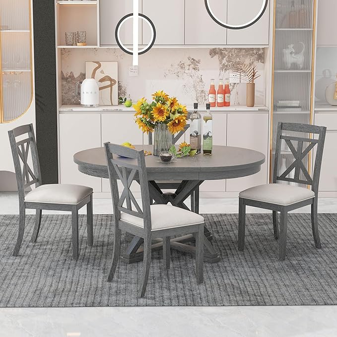 NicBex Dining Table for 4 Kitchen Table and Chairs 5-Piece Retro Functional Dining Table Set Extendable Round Table and 4 Upholstered Chairs for Dining Room and Living Room, Grey - LeafyLoom