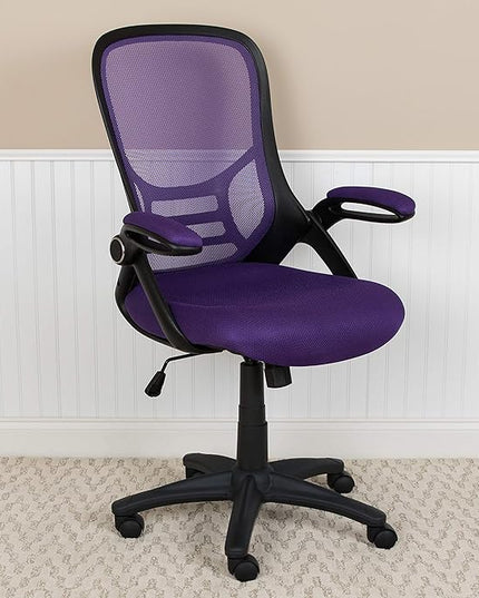 Flash Furniture Porter High-Back Swivel Office Chair with Adjustable Lumbar Support and Seat Height, Ergonomic Mesh Desk Chair with Flip-Up Armrests, Purple/Black - LeafyLoom