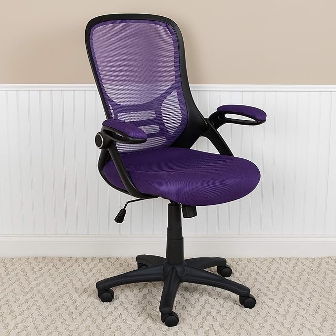 Flash Furniture Porter High-Back Swivel Office Chair with Adjustable Lumbar Support and Seat Height, Ergonomic Mesh Desk Chair with Flip-Up Armrests, Purple/Black - LeafyLoom