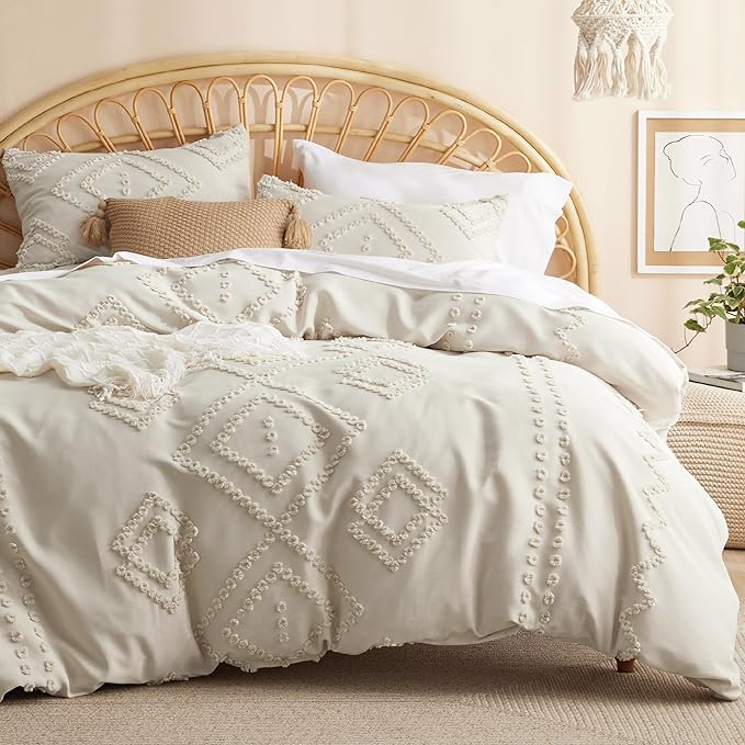 Bedsure Boho Comforter Set Twin - Beige Tufted Bedding Comforter Set, 2 Pieces Farmhouse Shabby Chic Embroidery Bedding Set, Soft Geometric Pattern Comforter for All Seasons - LeafyLoom