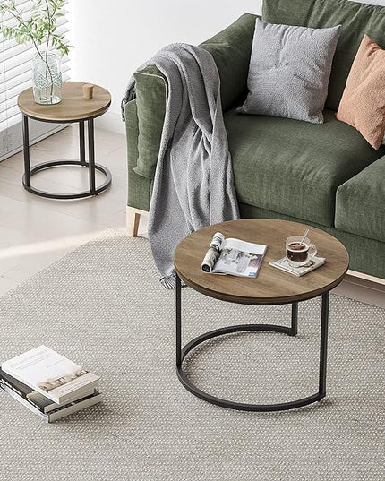 Nesting Coffee Table Set of 2, 23.6" Round Coffee Table Wood Grain Top with Adjustable Non-Slip Feet, Industrial End Table Side Tables for Living Room Bedroom Balcony Yard - LeafyLoom