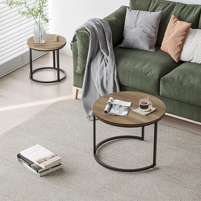 Nesting Coffee Table Set of 2, 23.6" Round Coffee Table Wood Grain Top with Adjustable Non-Slip Feet, Industrial End Table Side Tables for Living Room Bedroom Balcony Yard - LeafyLoom