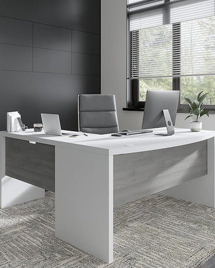 Bush Business Furniture Echo L Shape Desk with Wire Management | Corner Bow Front Table for Home Office with Quick-to-Assemble Hardware, 60W, Pure White and Modern Gray - LeafyLoom