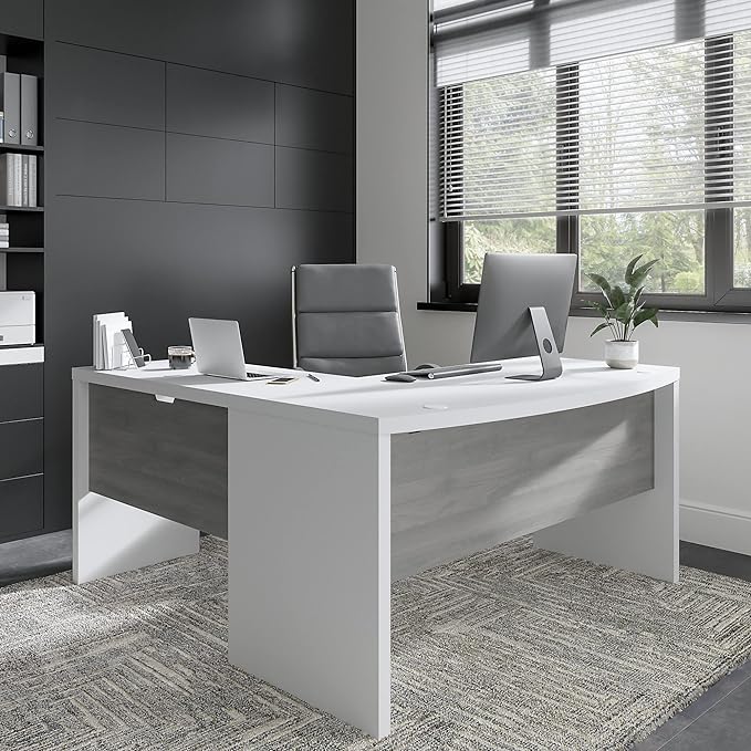 Bush Business Furniture Echo L Shape Desk with Wire Management | Corner Bow Front Table for Home Office with Quick-to-Assemble Hardware, 60W, Pure White and Modern Gray - LeafyLoom