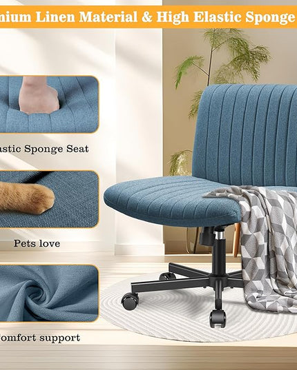 Armless Office Chair with Wheels, Ergonomic Wide Seat Fabric Cross Legged Desk Chair, Swivel Computer Chair for Home Office, Modern Vanity Chair Navy Blue - LeafyLoom