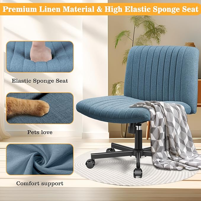 Armless Office Chair with Wheels, Ergonomic Wide Seat Fabric Cross Legged Desk Chair, Swivel Computer Chair for Home Office, Modern Vanity Chair Navy Blue - LeafyLoom
