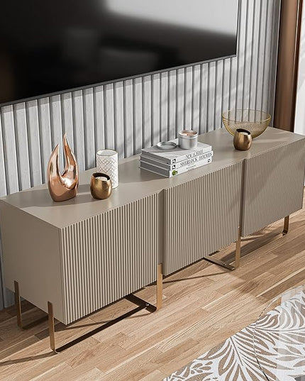 24/7 Shop at Home Mignon Contemporary Modern Style 60" TV Stand with 3 Storage Cabinets, Fits 65 Inches, Entertainment Center Console for Family, Living Room & Bedroom, Metal Legs, Taupe - LeafyLoom