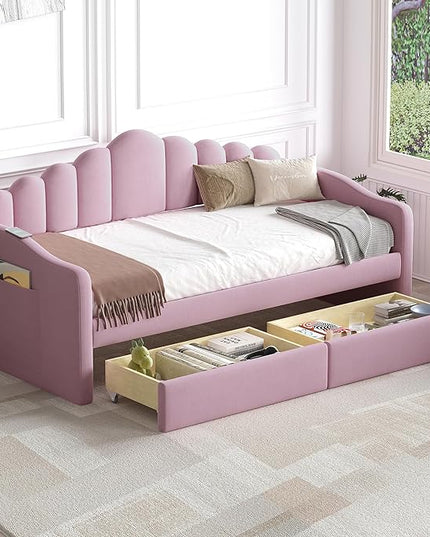 Twin Size Upholstered Daybed with 2 Drawers and Striped Headboard, Solid Wood Velvet Bed with USB Charging Ports, No Box Spring Needed, for Living Room, Bedroom, Dorm, Space-Saving Design - LeafyLoom
