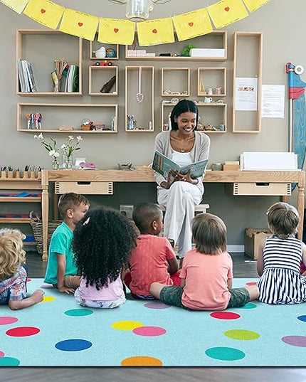 Flagship Carpets Schoolgirl Style Just Teach Rainbow Polka Dots Classroom Area Rug for Indoor Classroom Learning or Kid Bedroom Educational Play Mat, 7'6"x12', Blue - LeafyLoom
