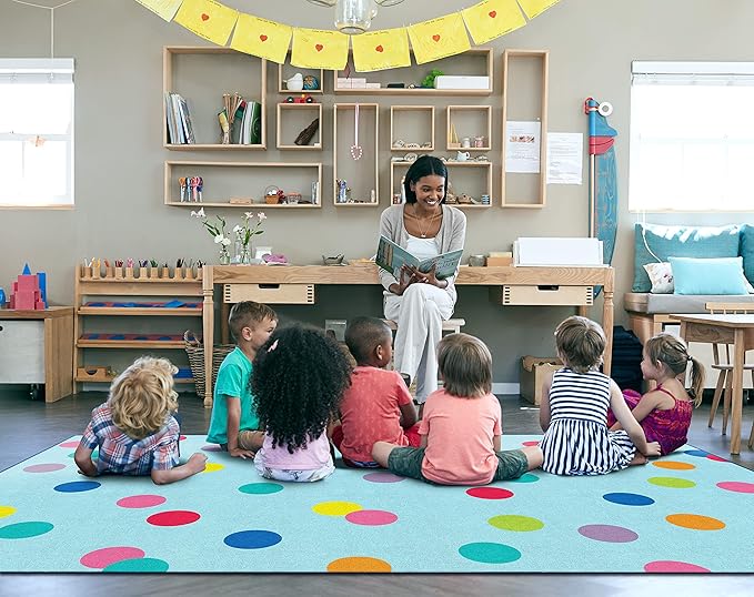 Flagship Carpets Schoolgirl Style Just Teach Rainbow Polka Dots Classroom Area Rug for Indoor Classroom Learning or Kid Bedroom Educational Play Mat, 7'6"x12', Blue - LeafyLoom