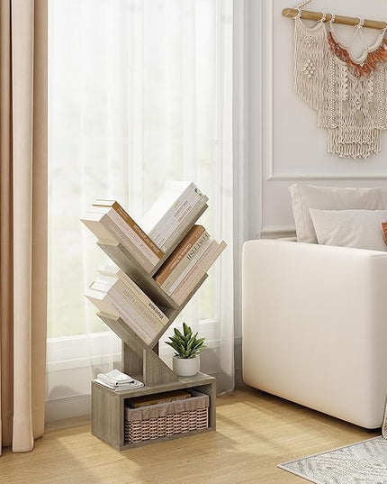 Hoctieon 3 Tier Tree Bookshelf, Modern Bookcase with Drawer, Freestanding Book shelf, Display Floor Standing Storage Shelf, Book Organizer Shelves for Home Office, Living Room, Bedroom, Greige - LeafyLoom
