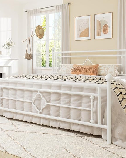Allewie King Size Metal Platform Bed Frame with Victorian Vintage Headboard and Footboard/Mattress Foundation/Under Bed Storage/No Box Spring Needed/Noise-Free/Easy Assembly, White - LeafyLoom
