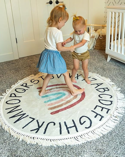 Round ABC Rug for Kids Playroom - 4ft Lovely Boho Rainbow Rug, Ultra Soft & Non Slip - Alphabet Circle Area Carpet for Nursery Toddler Baby Room - Colorful Cute Decor Mat for Girl & Boy, 47 inch - LeafyLoom