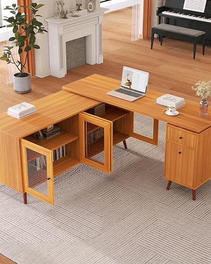 NicBex Laik-DW-00033-DX Desks, 66.53" W x 63.77" D x 30.31" H, Teak - LeafyLoom