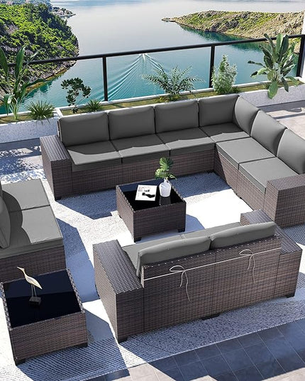 Kullavik 12PCS Outdoor Patio Furniture Set PE Wicker Rattan Sectional Sofa Patio Conversation Sets,Grey - LeafyLoom