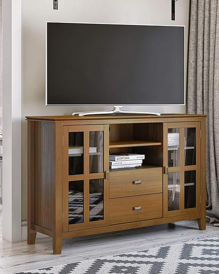 SIMPLIHOME Artisan SOLID WOOD Universal TV Media Stand, 53 inch Wide, Contemporary, Living Room Entertainment Center, Storage Shelves and Cabinets, for Flat Screen TVs up to 60 inches in Honey Brown - LeafyLoom