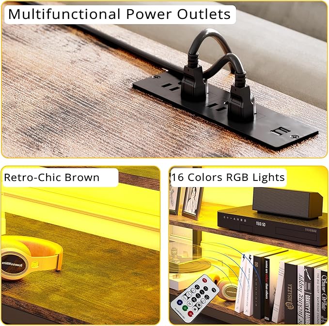 IRONCK TV Stand LED Lights, Entertainment Center with Power Outlet for 55 Inch TV, Industrial TV Console with Media Storage Shelf and 2 Large Drawers,for Bedroom/Living Room, Vintage Brown - LeafyLoom
