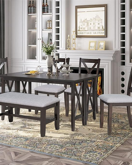 Dining Table Set for 6, 6-Piece Foldable Dining Room Set, Solid Wood Foldable Table and 4 Chairs with Bench for Dining Room, Living Room, Espresso - LeafyLoom