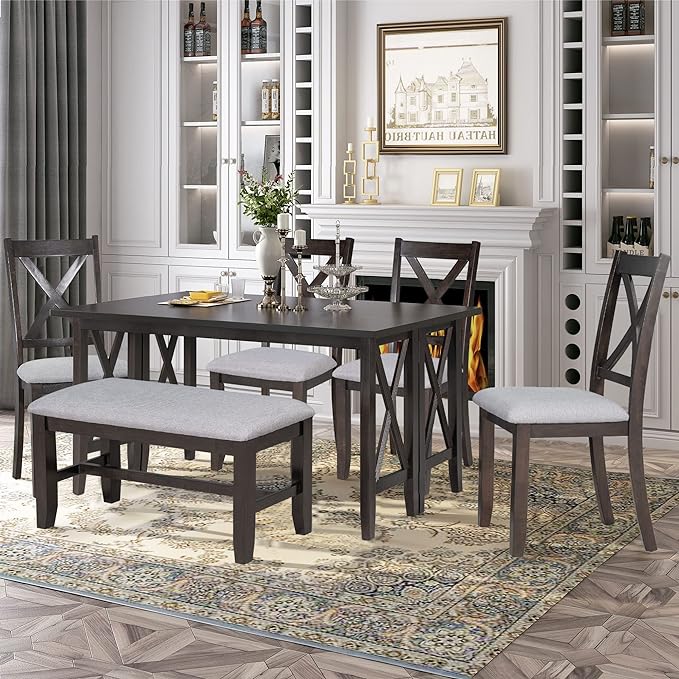 Dining Table Set for 6, 6-Piece Foldable Dining Room Set, Solid Wood Foldable Table and 4 Chairs with Bench for Dining Room, Living Room, Espresso - LeafyLoom