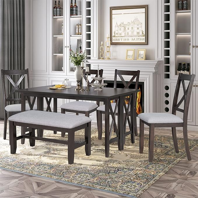 Comfortable Room 6-Piece Rustic Dining, Solid Wood Furniture Set with Foldable Table, 4 Padded Chairs, and 1 Bench, Ideal for Kitchen and Family Gatherings, Espresso - LeafyLoom