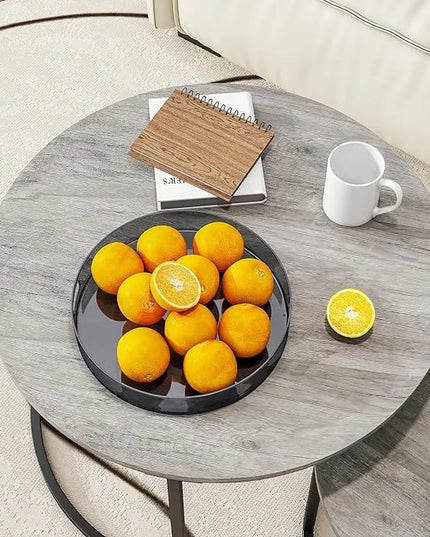 Nesting Round Coffee Table Set of 2 End Tables for Living Room,Grey Coffee Table Wooden Accent Furniture with Metal Frame,Stacking Side Tables,Black+Warm Grey - LeafyLoom