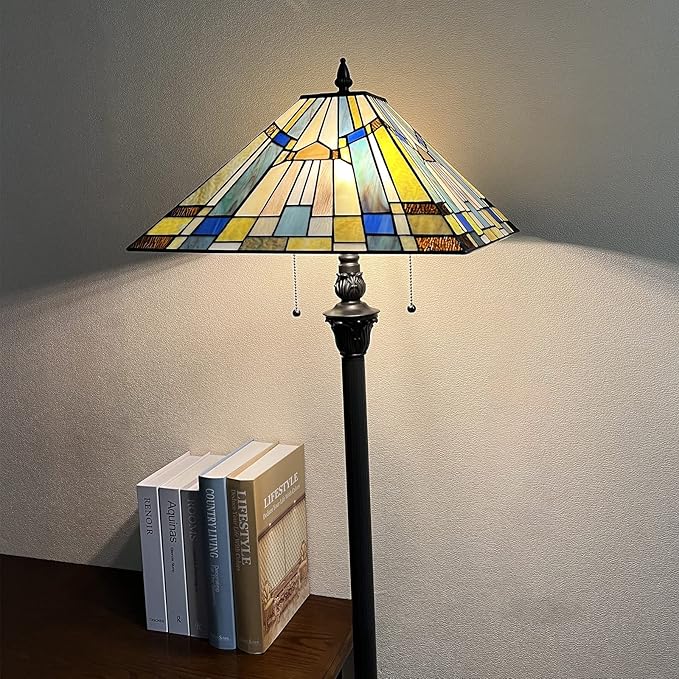 Capulina Tiffany Floor Lamp 2-Light 16X16X63 Inches Green Blue Antique Style Stained Glass Standing Reading Floor Lamp for Living Room Bedroom Home Office - LeafyLoom