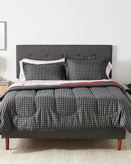 Amazon Basics Lightweight Microfiber Bed-in-a-Bag Comforter 7-Piece Bedding Set, Full/Queen, Red Simple Stripe, Plaid, Striped - LeafyLoom